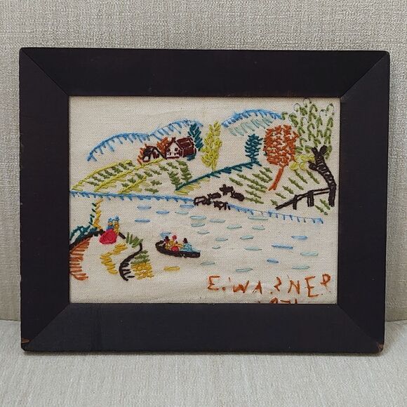 Vintage 1970's Handmade Crewel Fall Country Farm Scene Wood Framed Art Signed - Picture 11 of 11